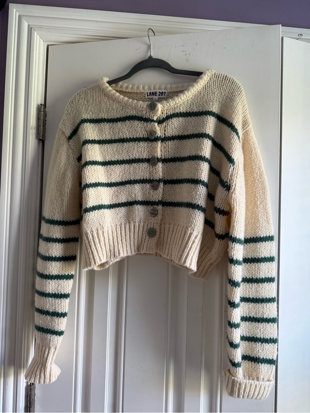 Lane 201 Cream Striped Button-Front Cropped Cardigan